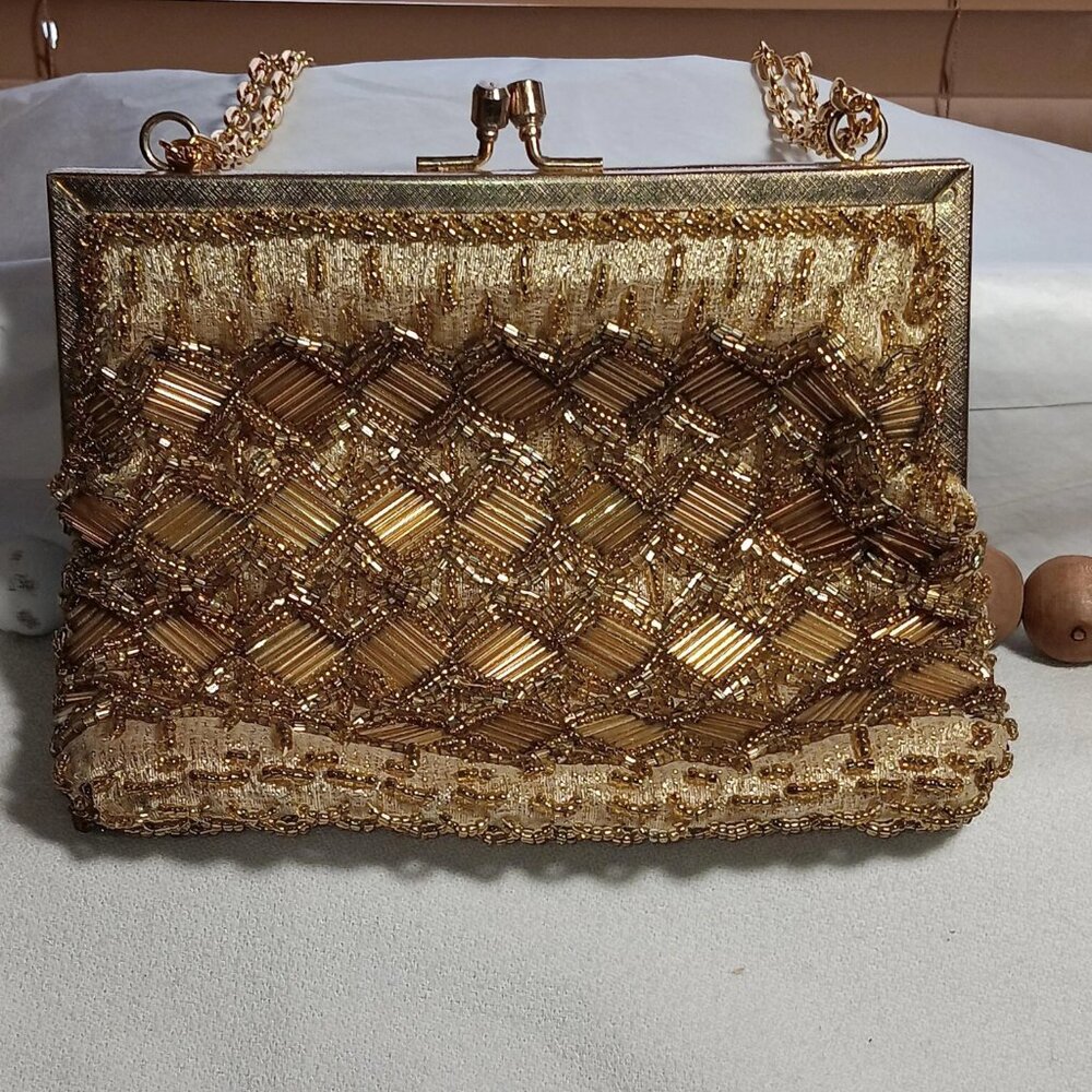 Vintage Gold Beaded Evening Bag | Classic Formal Clutch | Elegant Retro Purse